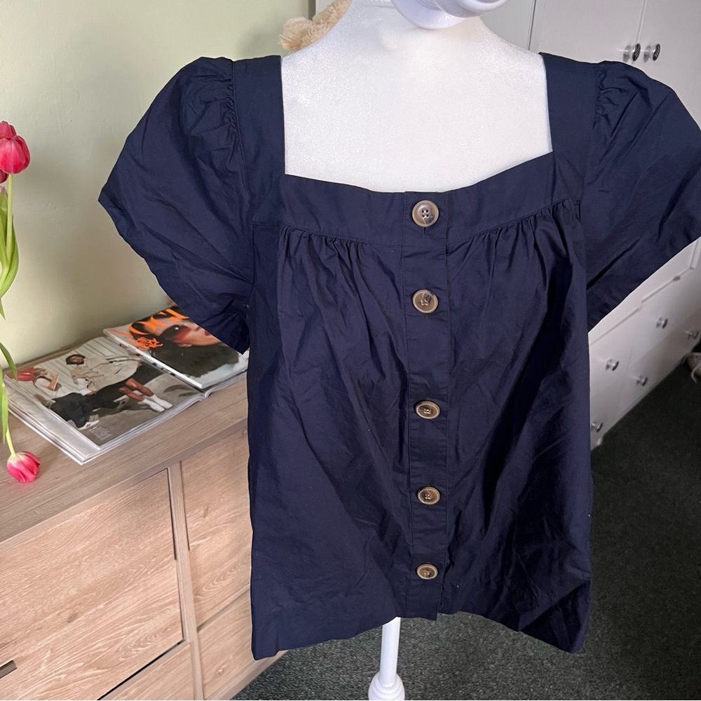J CREW Navy Blue 100% Cotton Square-Neck Button Puff Cap Sleeve Poplin Blouse XL - Picture 8 of 16
